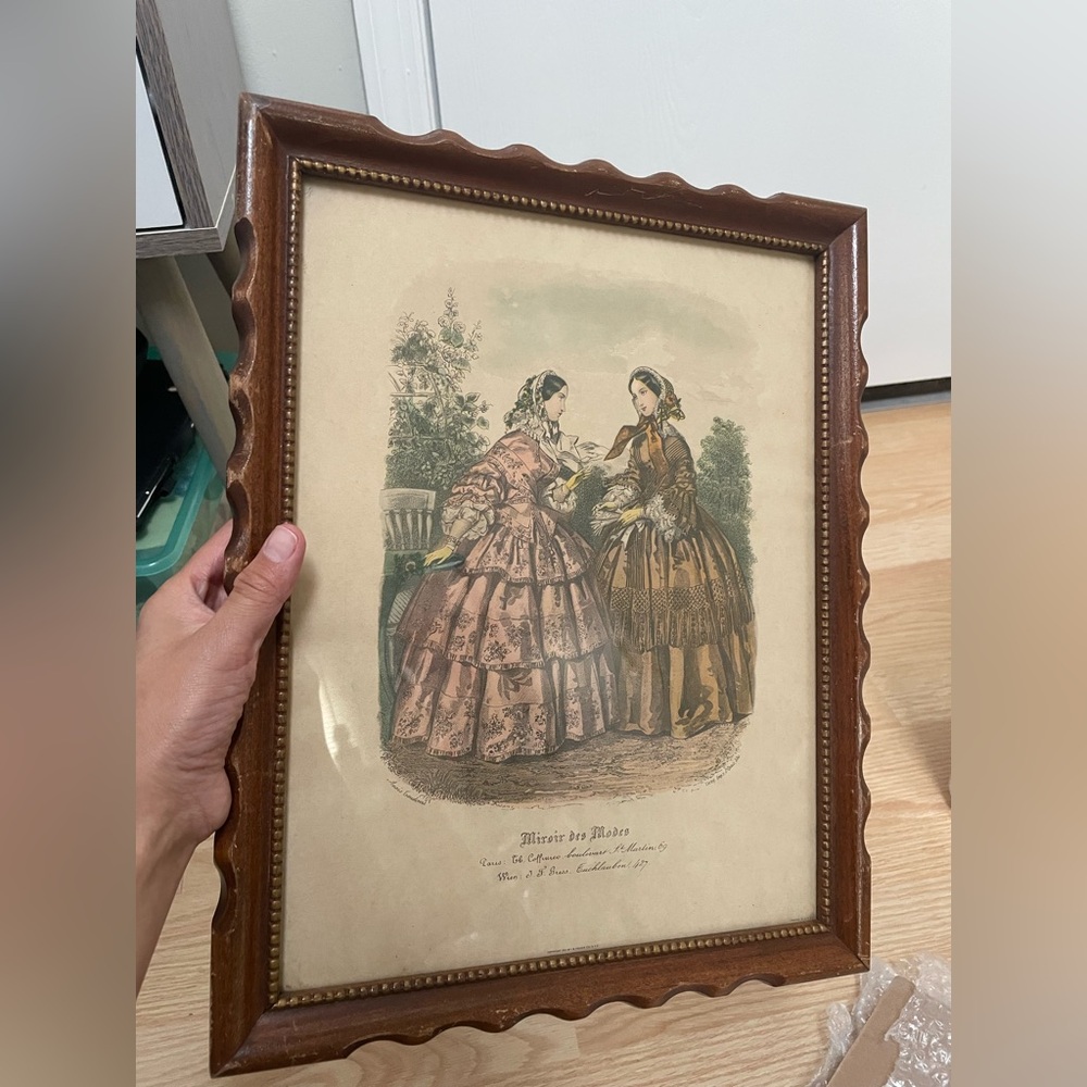 Vintage Fashion Illustration in Wooden Frame